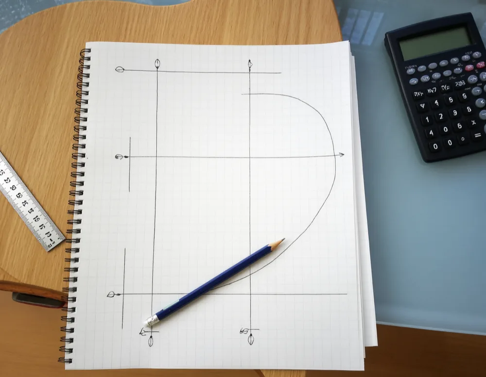 Squared exercise paper with a hand-drawn coordinate system and a pencilled curve, next to a ruler and a scientific calculator