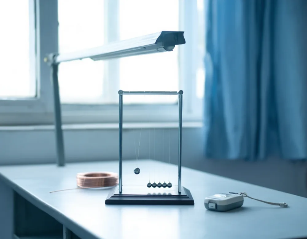 A physics demonstration bench by a window: a pendulum on a chrome stand, a coil of copper wire and a stopwatch on a pale worktop